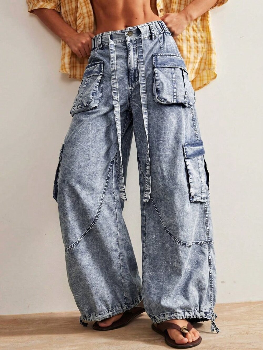 Blue Casual Women's Y2K Woven Relaxed Cuffed Low Waist Long Pants - Picture 3 of 10
